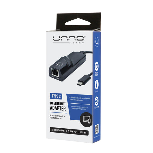 UNNO TEKNO ADAPTADOR TIPO C A LAN ETHERNET 1GBPS AD3002BK