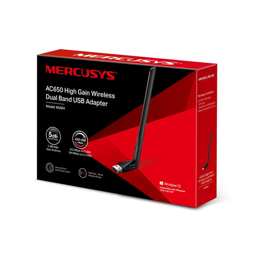 MERCUSYS ADAPTADOR USB INALAMBRICO DE BANDA DUAL DE ALTA GANANCIA AC650 MU6H